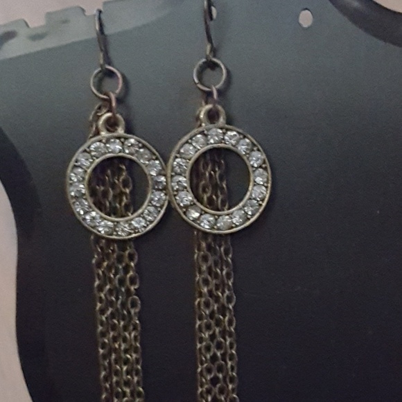 Dangle Earrings Rhinestone Circle Chain Fringe Drop Earrings Bronze - Picture 3 of 3